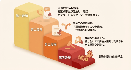借金返済遅延後の督促から強制執行までの段階的な流れ