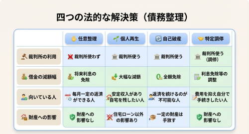任意整理・個人再生・自己破産・特定調停の4つの債務整理方法比較