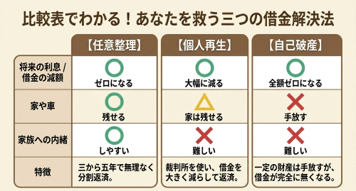 任意整理・個人再生・自己破産の三つの債務整理方法を比較した一覧表