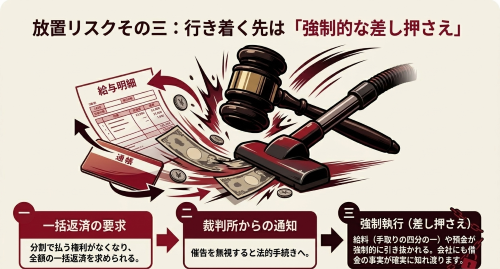 借金滞納が一括請求から裁判所通知を経て強制執行・差押えに至る流れ