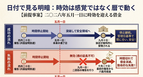 消滅時効の成功と失敗の流れを日付で示したタイムライン図解