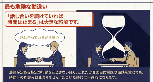 話し合い中でも時効は止まらないという危険な誤解の図解