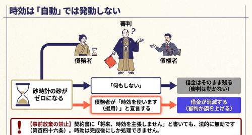 時効は自動では発動せず援用が必要であることを示す図解