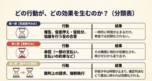 完成猶予のみ・更新のみ・両方に分類した行動と効果の一覧表