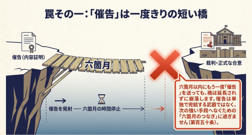 催告は一度きりの短い橋であることを示す消滅時効の図解