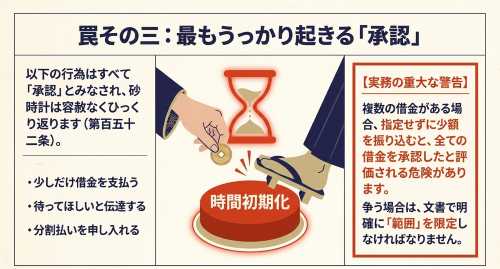 一部弁済や支払約束が承認として時効を初期化する危険を示す図解