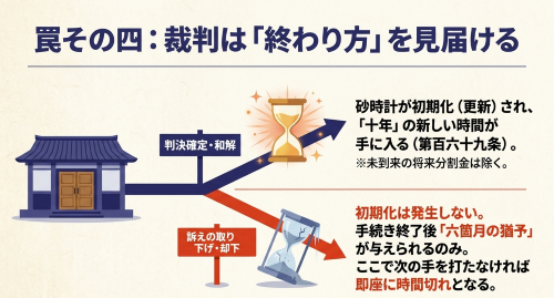 裁判の終わり方によって時効の更新効果が変わることを示す図解